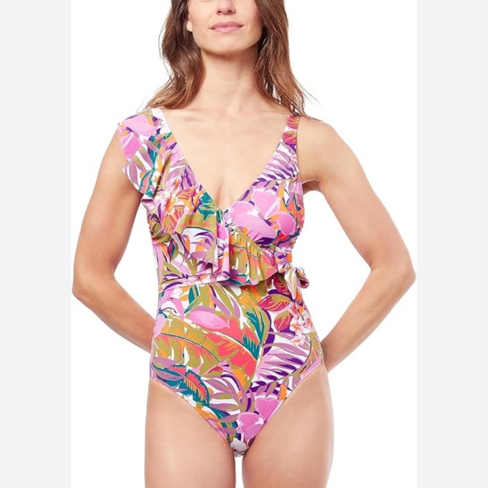 Profile by Gottex Surplice Ruffle Floral V Neck One Piece Swimsuit - Picture 1 of 12